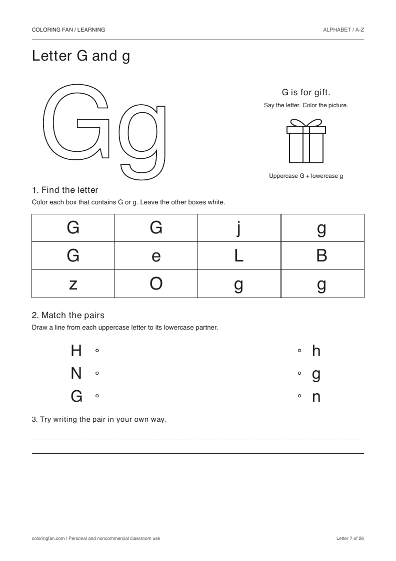 Letter G and g worksheet: outlined letters, a pictured gift, a 12-letter find grid, three case matches, and writing space.