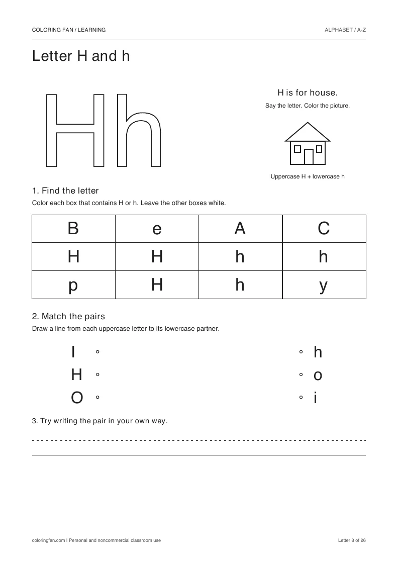 Letter H and h worksheet: outlined letters, a pictured house, a 12-letter find grid, three case matches, and writing space.