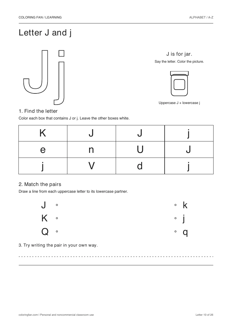 Letter J and j worksheet: outlined letters, a pictured jar, a 12-letter find grid, three case matches, and writing space.