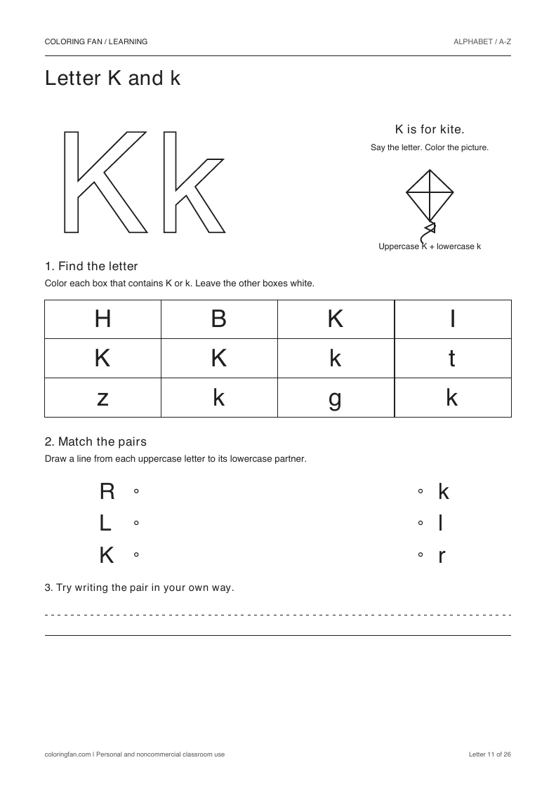 Letter K and k worksheet: outlined letters, a pictured kite, a 12-letter find grid, three case matches, and writing space.