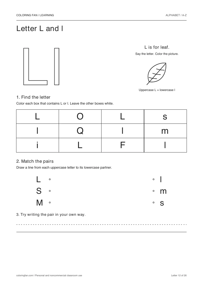 Letter L and l worksheet: outlined letters, a pictured leaf, a 12-letter find grid, three case matches, and writing space.
