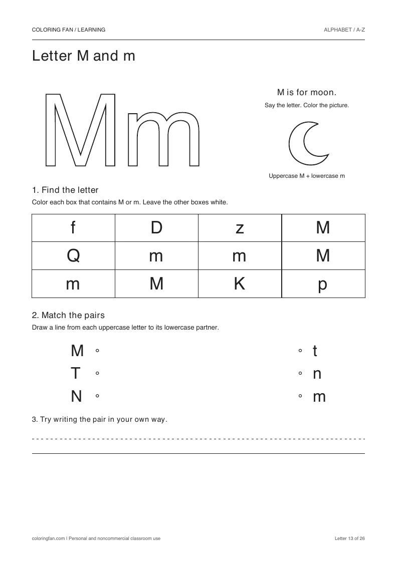 Letter M and m worksheet: outlined letters, a pictured moon, a 12-letter find grid, three case matches, and writing space.
