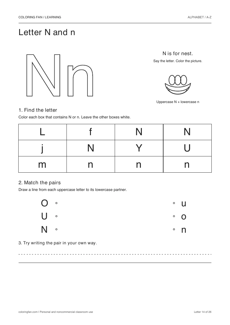 Letter N and n worksheet: outlined letters, a pictured nest, a 12-letter find grid, three case matches, and writing space.