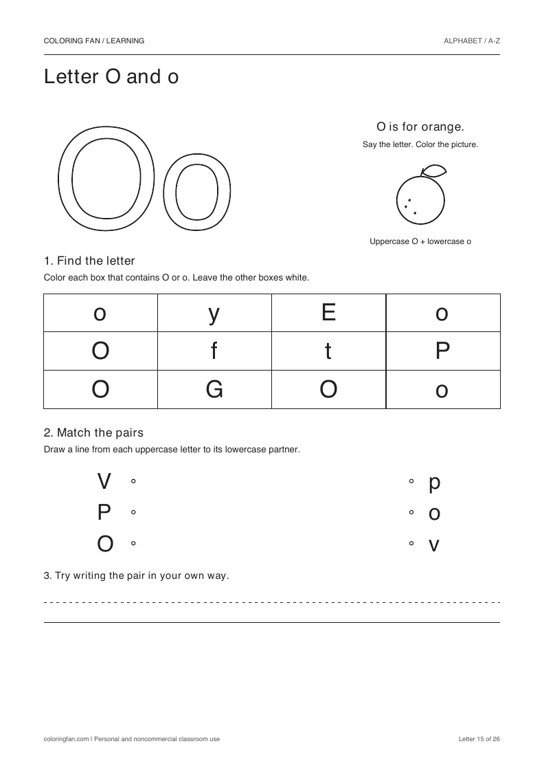 Letter O and o worksheet: outlined letters, a pictured orange, a 12-letter find grid, three case matches, and writing space.