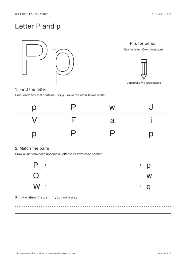 Letter P and p worksheet: outlined letters, a pictured pencil, a 12-letter find grid, three case matches, and writing space.
