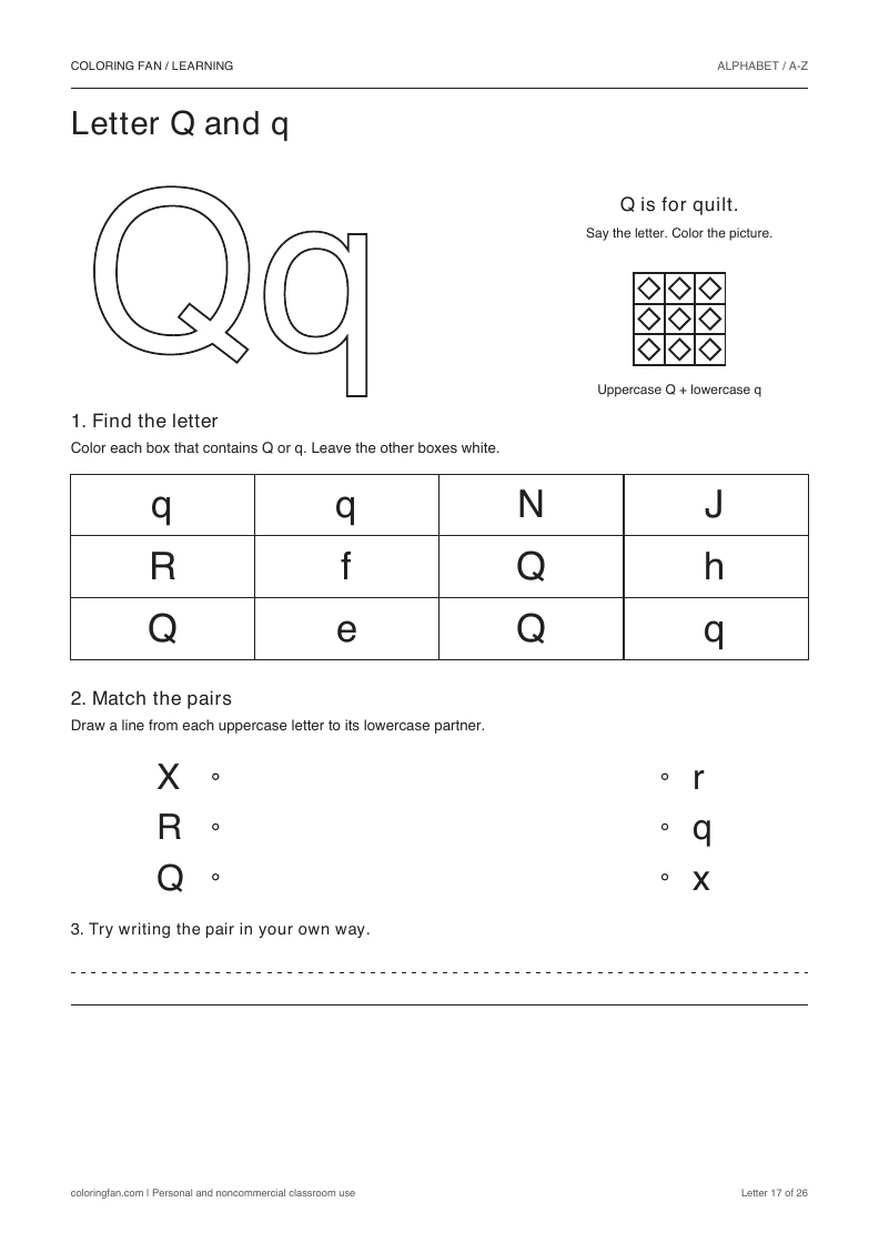 Letter Q and q worksheet: outlined letters, a pictured quilt, a 12-letter find grid, three case matches, and writing space.