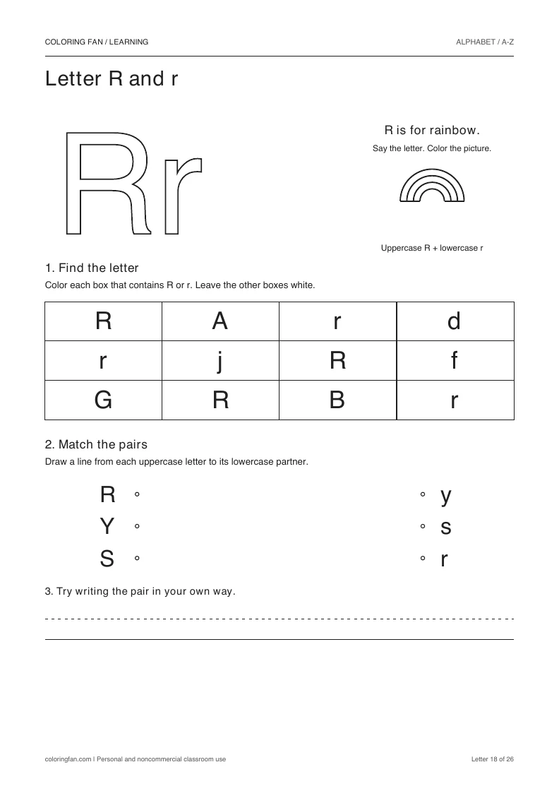 Letter R and r worksheet: outlined letters, a pictured rainbow, a 12-letter find grid, three case matches, and writing space.