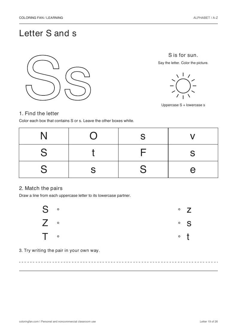 Letter S and s worksheet: outlined letters, a pictured sun, a 12-letter find grid, three case matches, and writing space.