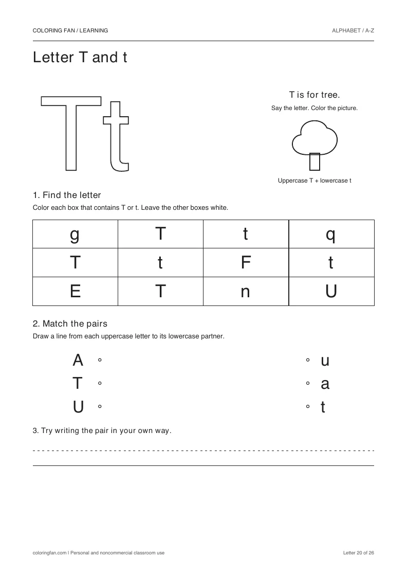 Letter T and t worksheet: outlined letters, a pictured tree, a 12-letter find grid, three case matches, and writing space.