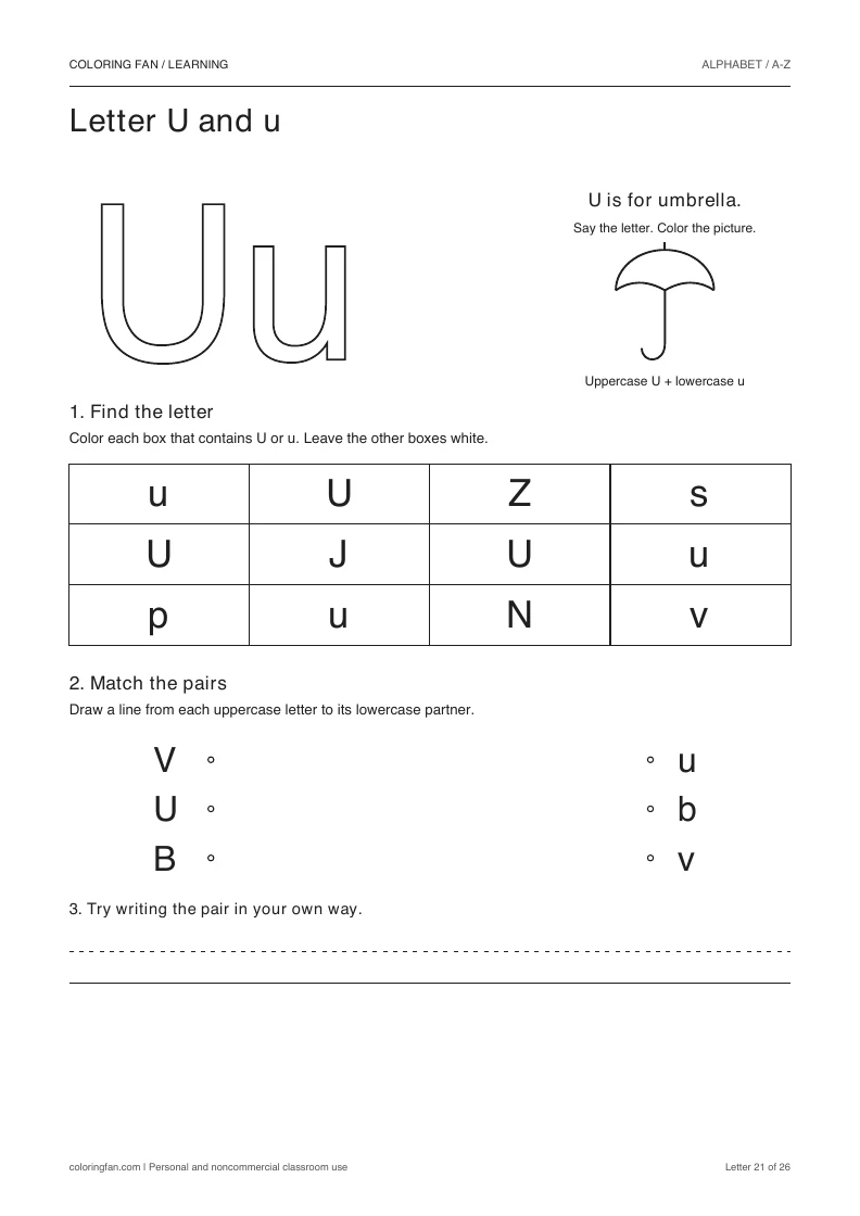 Letter U and u worksheet: outlined letters, a pictured umbrella, a 12-letter find grid, three case matches, and writing space.