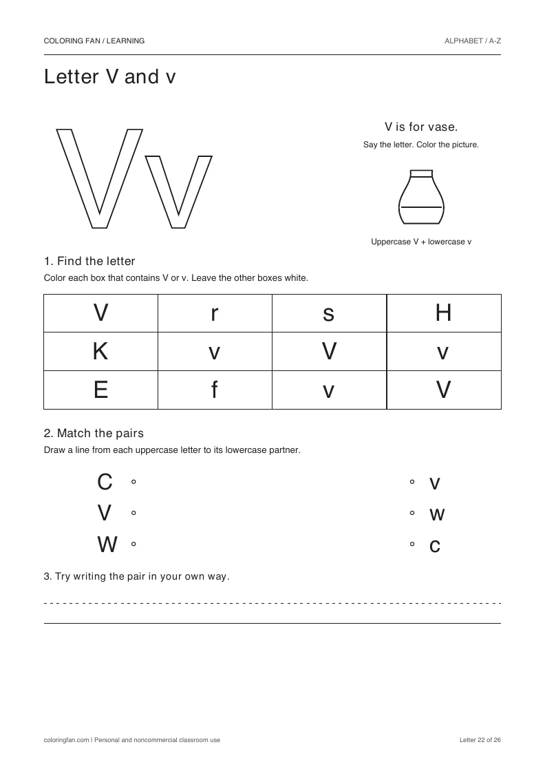 Letter V and v worksheet: outlined letters, a pictured vase, a 12-letter find grid, three case matches, and writing space.