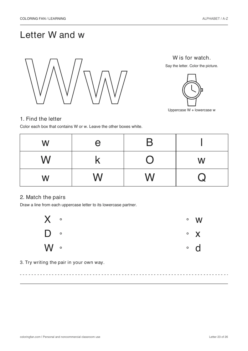 Letter W and w worksheet: outlined letters, a pictured watch, a 12-letter find grid, three case matches, and writing space.