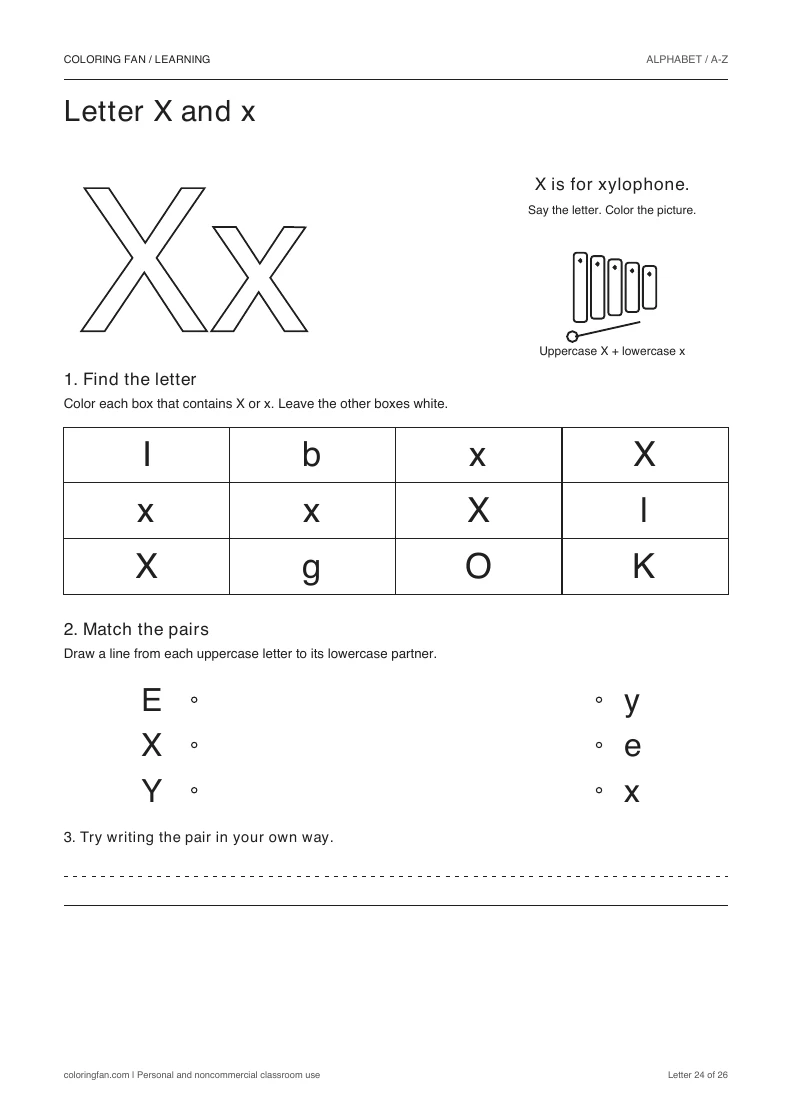 Letter X and x worksheet: outlined letters, a pictured xylophone, a 12-letter find grid, three case matches, and writing space.