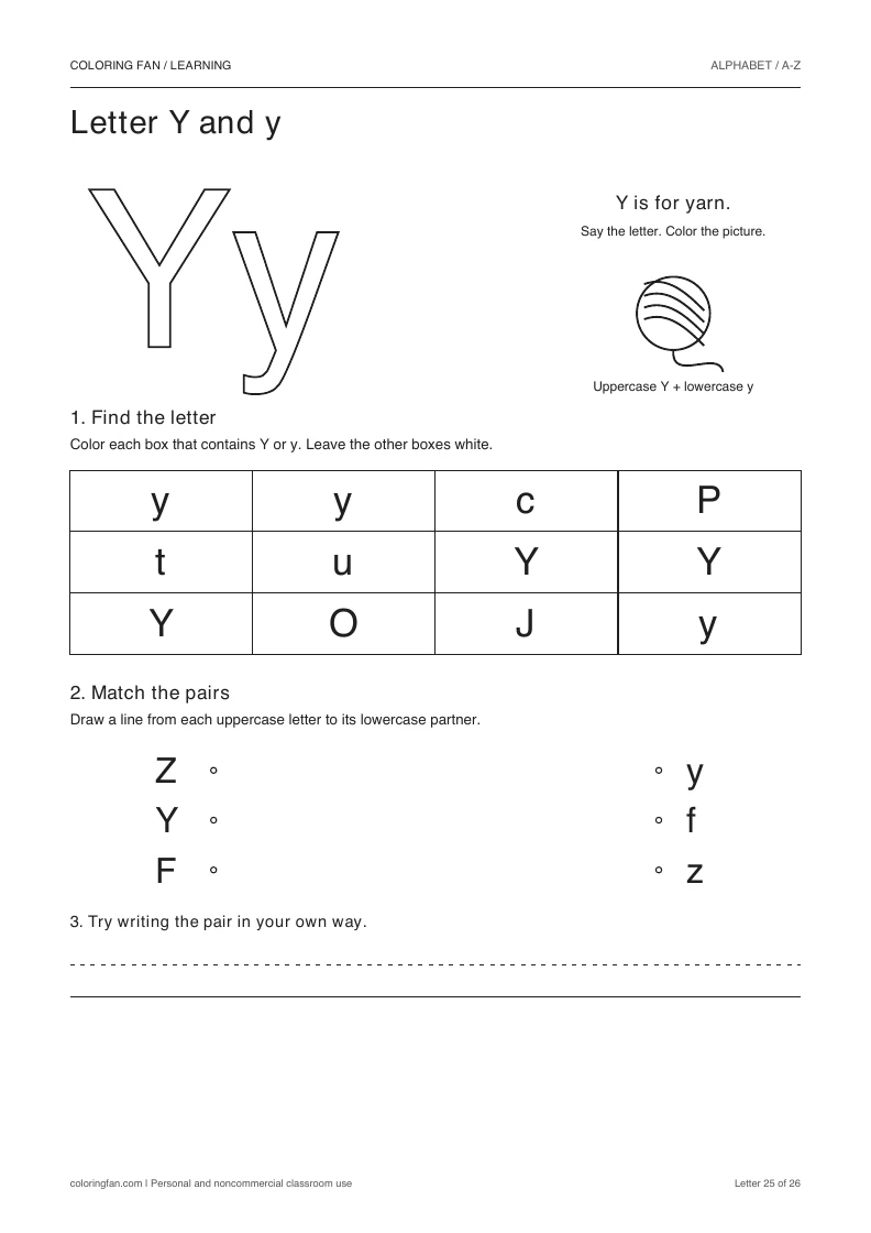 Letter Y and y worksheet: outlined letters, a pictured yarn, a 12-letter find grid, three case matches, and writing space.