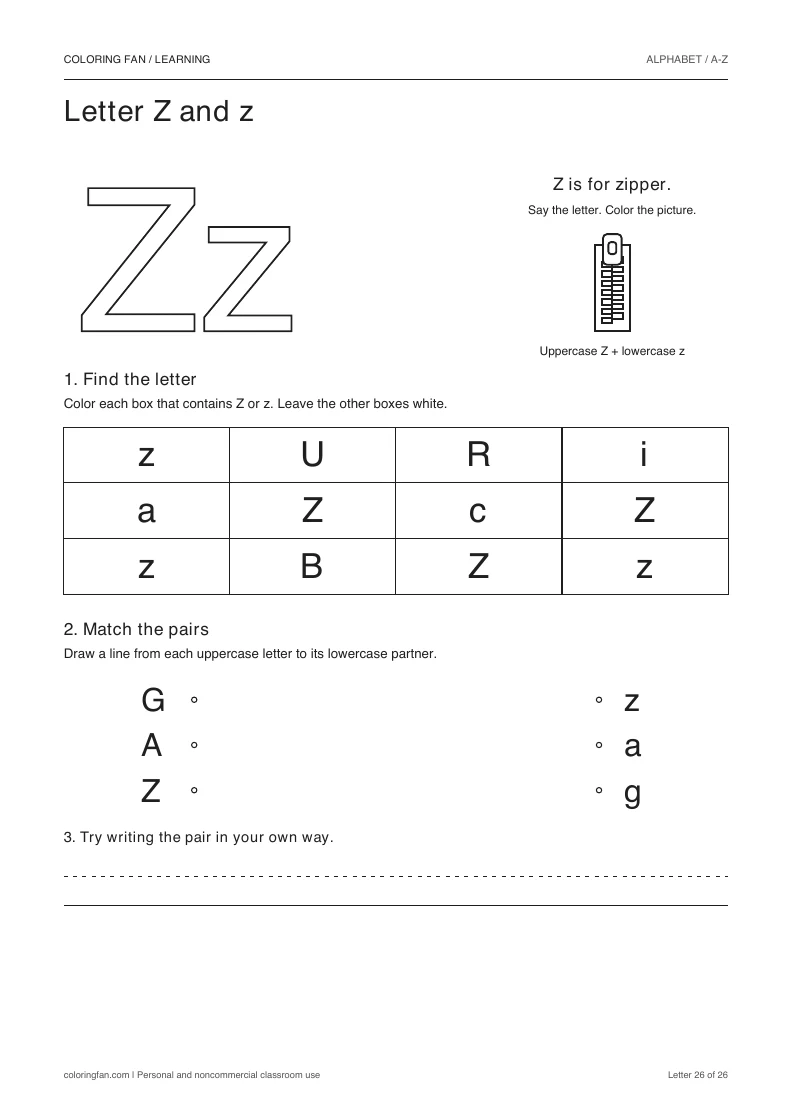 Letter Z and z worksheet: outlined letters, a pictured zipper, a 12-letter find grid, three case matches, and writing space.