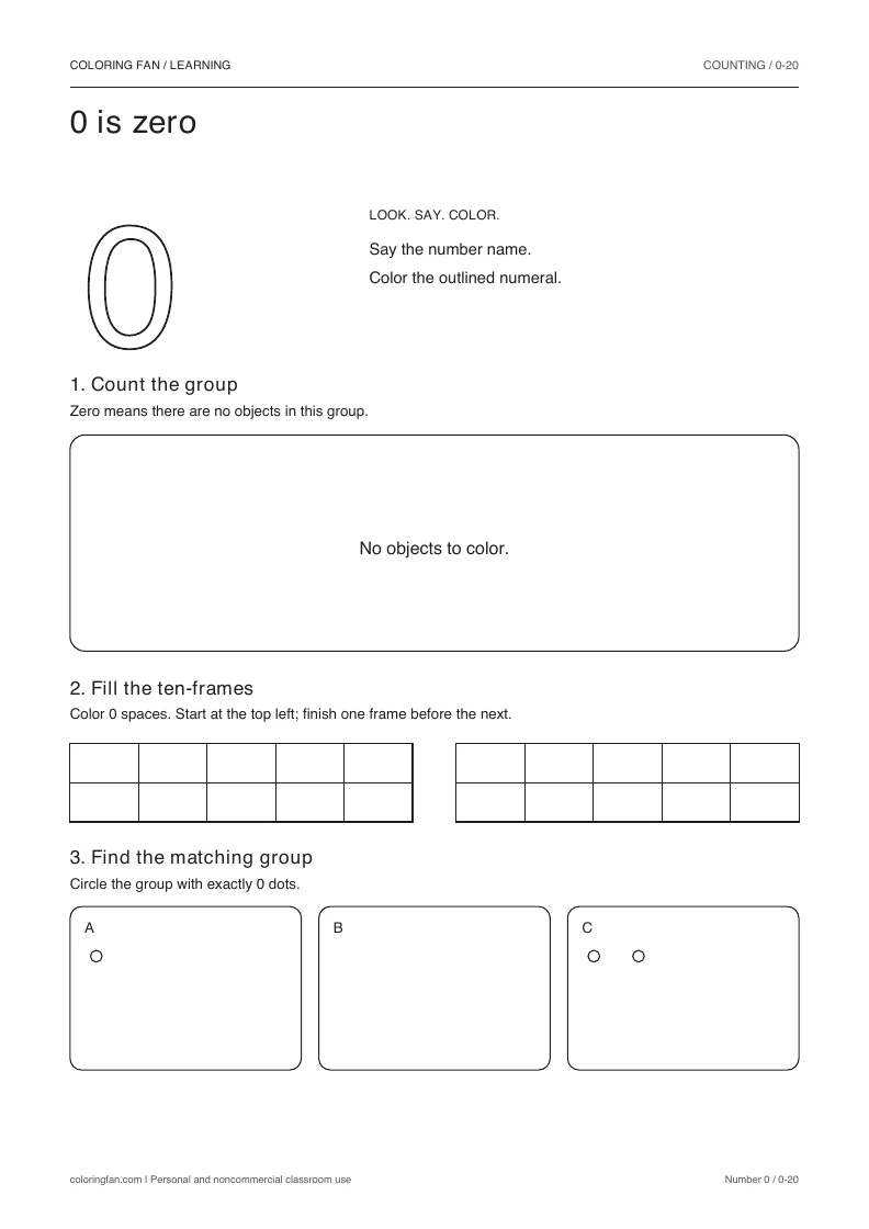 Number 0 worksheet: outlined numeral, exactly 0 countable circles, two empty ten-frames, and three groups to compare.