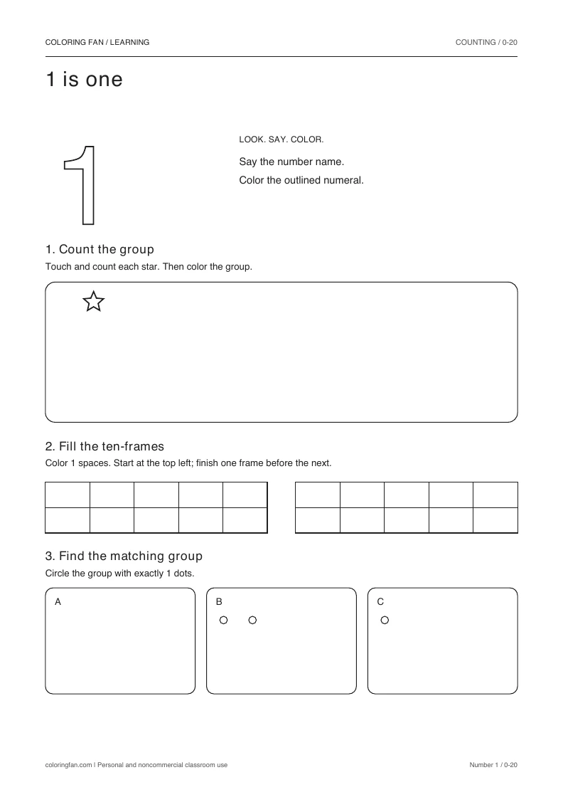Number 1 worksheet: outlined numeral, exactly 1 countable stars, two empty ten-frames, and three groups to compare.