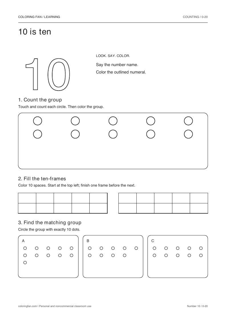 Number 10 worksheet: outlined numeral, exactly 10 countable circles, two empty ten-frames, and three groups to compare.