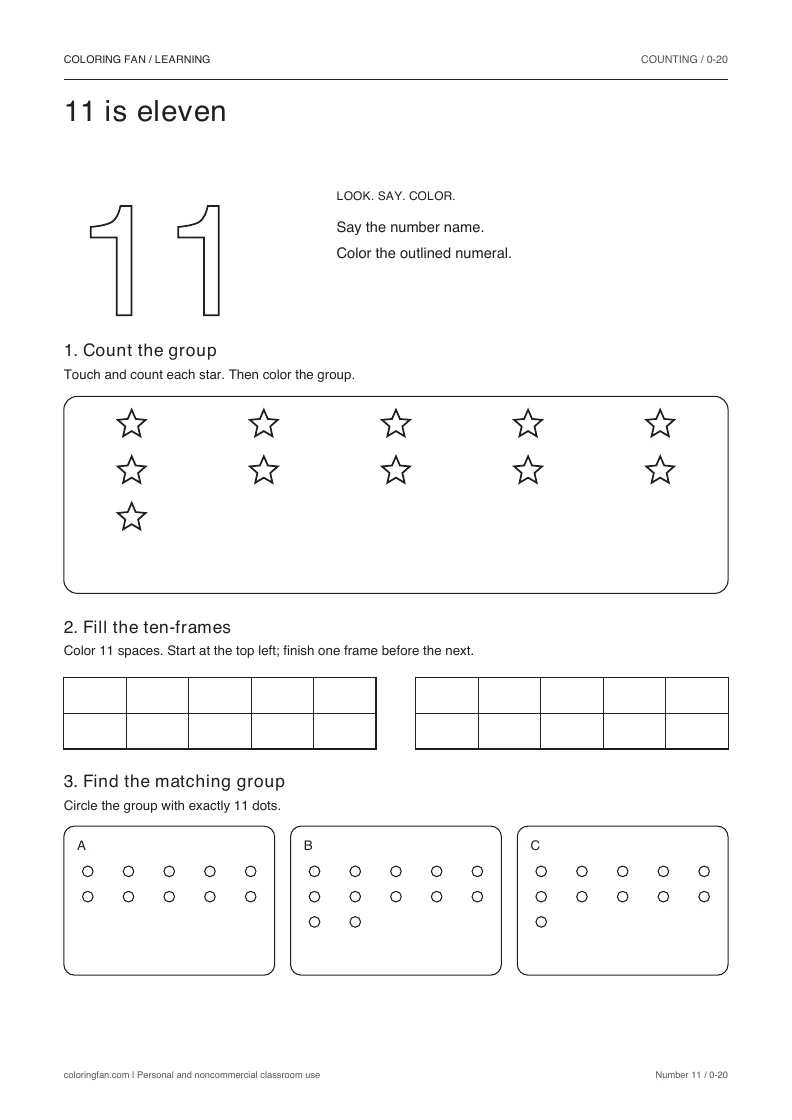 Number 11 worksheet: outlined numeral, exactly 11 countable stars, two empty ten-frames, and three groups to compare.