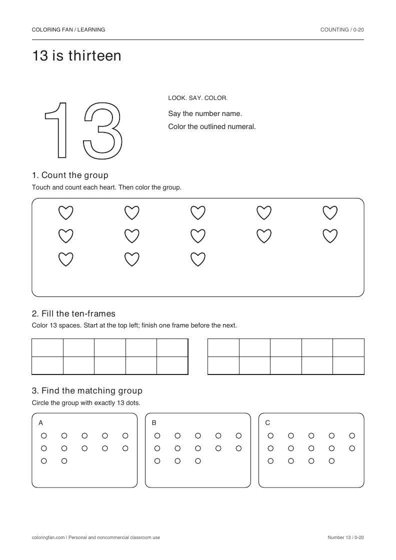 Number 13 worksheet: outlined numeral, exactly 13 countable hearts, two empty ten-frames, and three groups to compare.