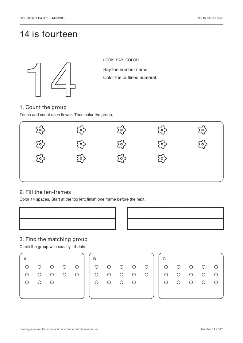 Number 14 worksheet: outlined numeral, exactly 14 countable flowers, two empty ten-frames, and three groups to compare.