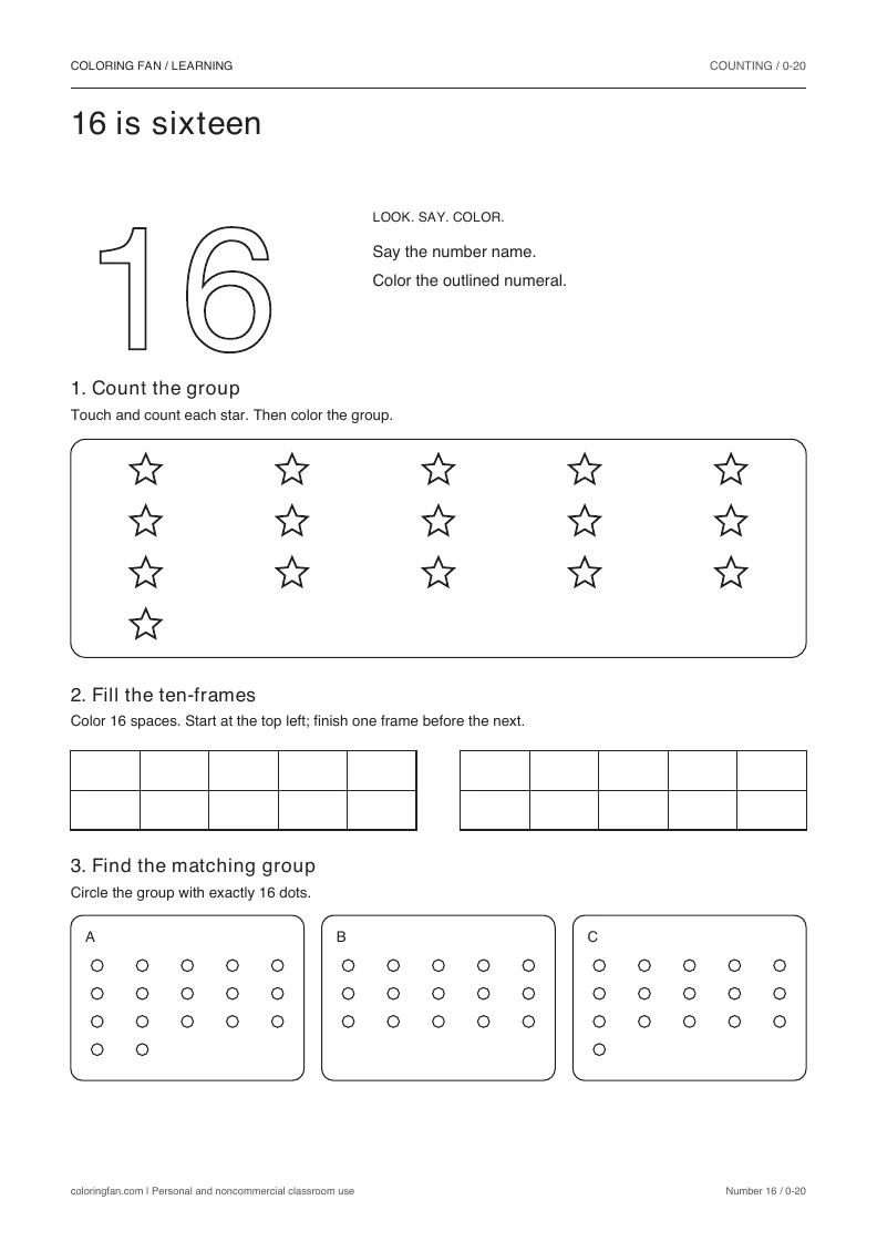 Number 16 worksheet: outlined numeral, exactly 16 countable stars, two empty ten-frames, and three groups to compare.