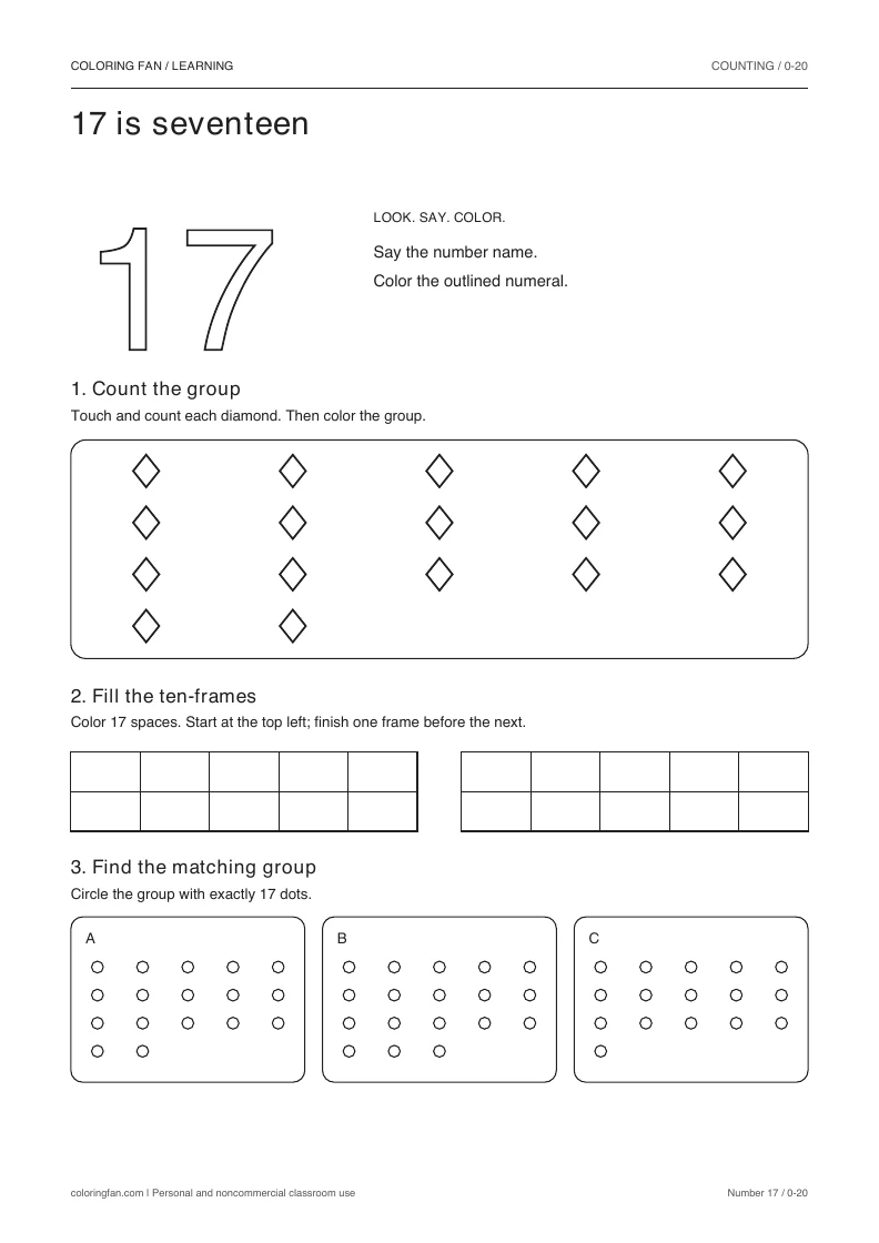 Number 17 worksheet: outlined numeral, exactly 17 countable diamonds, two empty ten-frames, and three groups to compare.