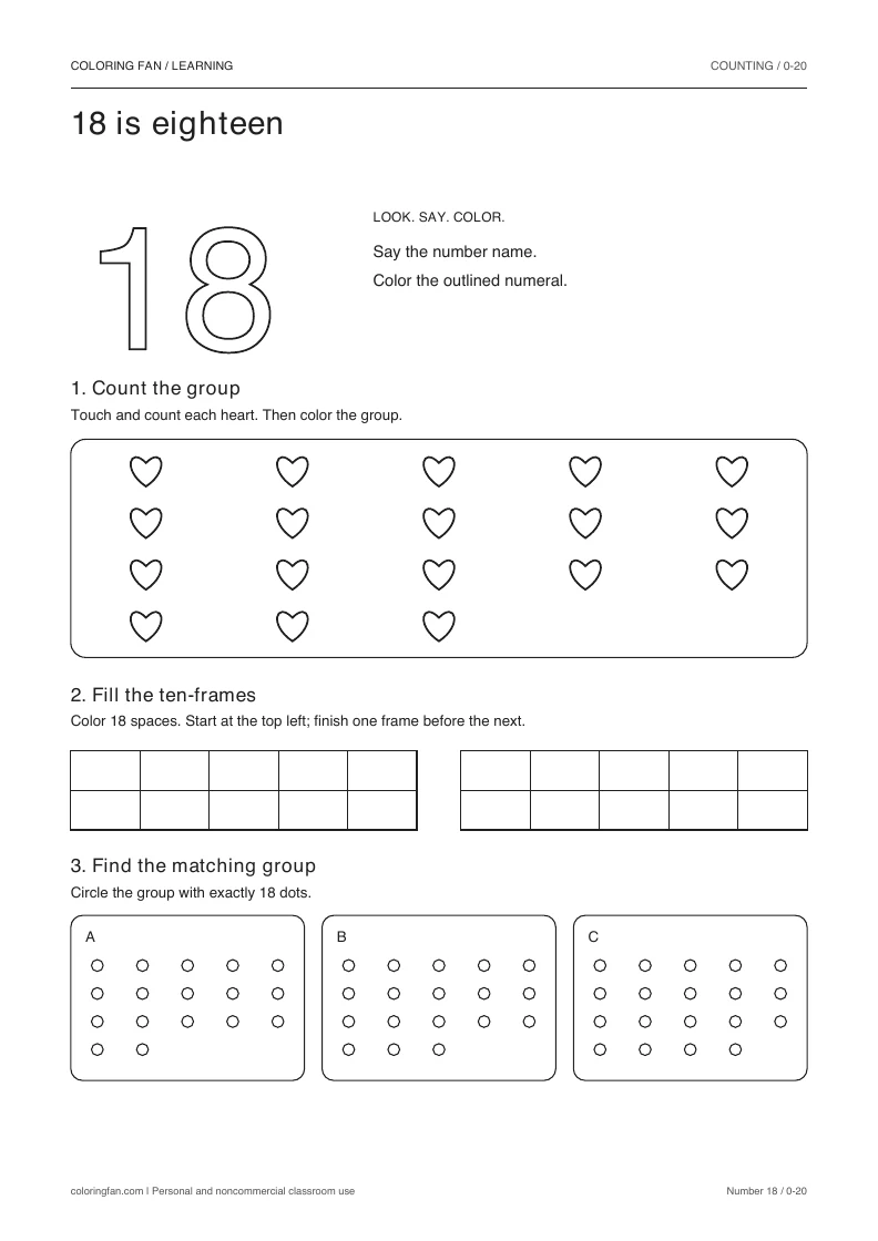 Number 18 worksheet: outlined numeral, exactly 18 countable hearts, two empty ten-frames, and three groups to compare.