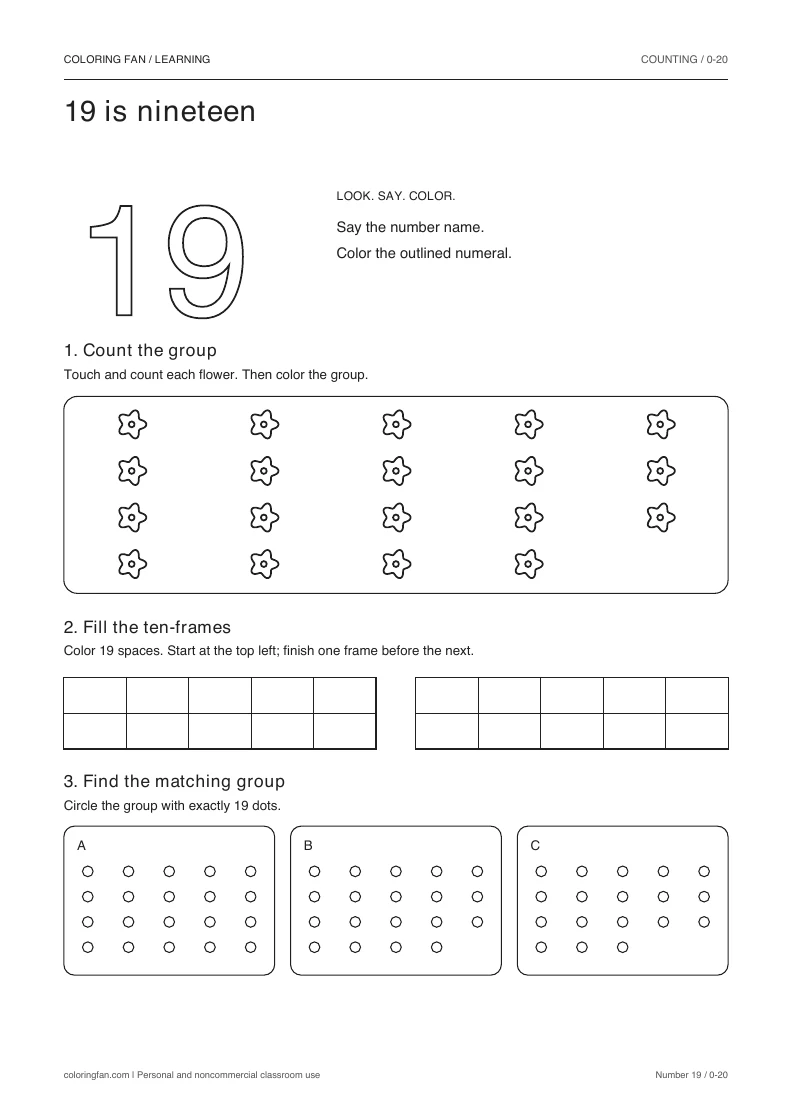 Number 19 worksheet: outlined numeral, exactly 19 countable flowers, two empty ten-frames, and three groups to compare.