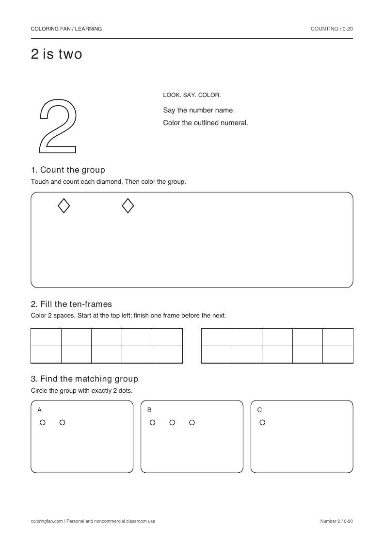 Number 2 worksheet: outlined numeral, exactly 2 countable diamonds, two empty ten-frames, and three groups to compare.