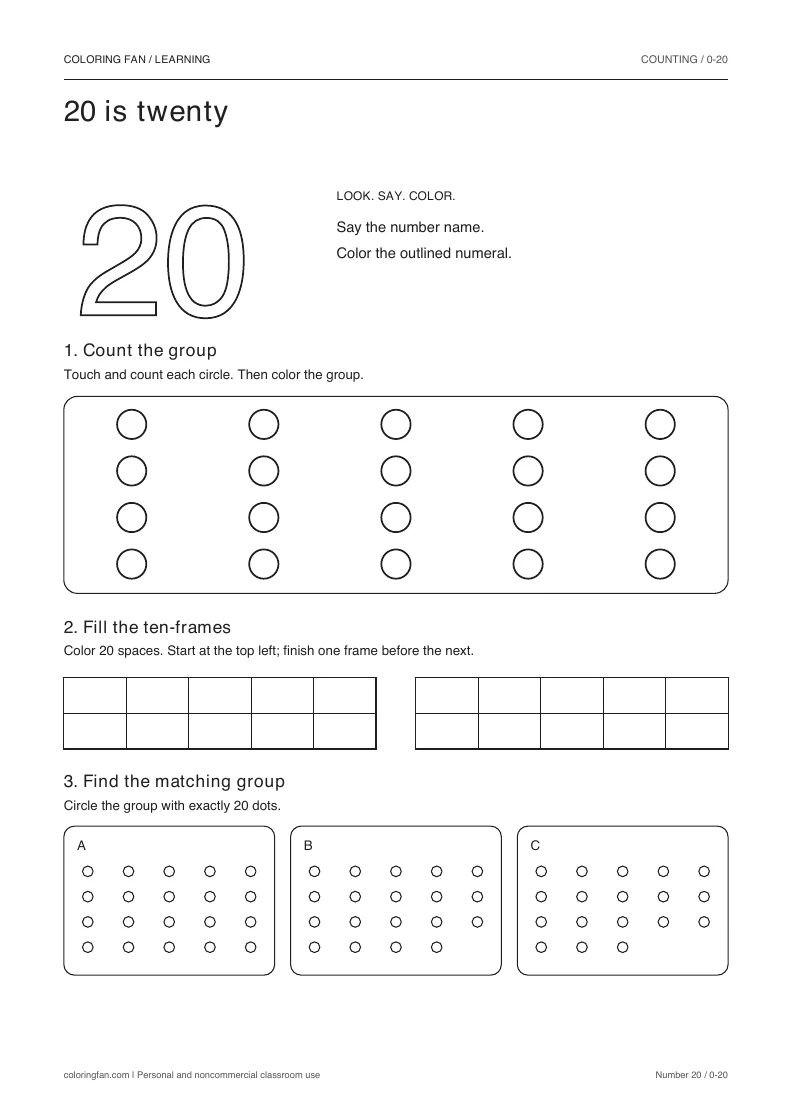 Number 20 worksheet: outlined numeral, exactly 20 countable circles, two empty ten-frames, and three groups to compare.