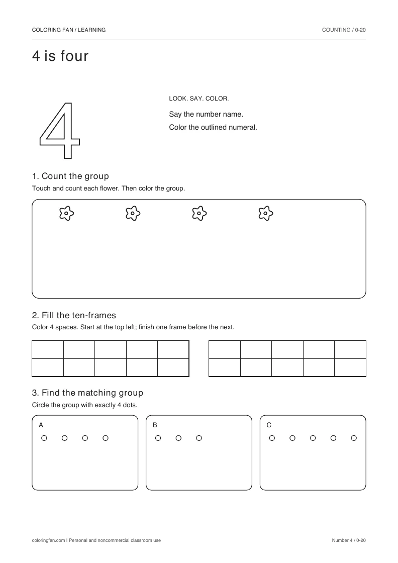 Number 4 worksheet: outlined numeral, exactly 4 countable flowers, two empty ten-frames, and three groups to compare.