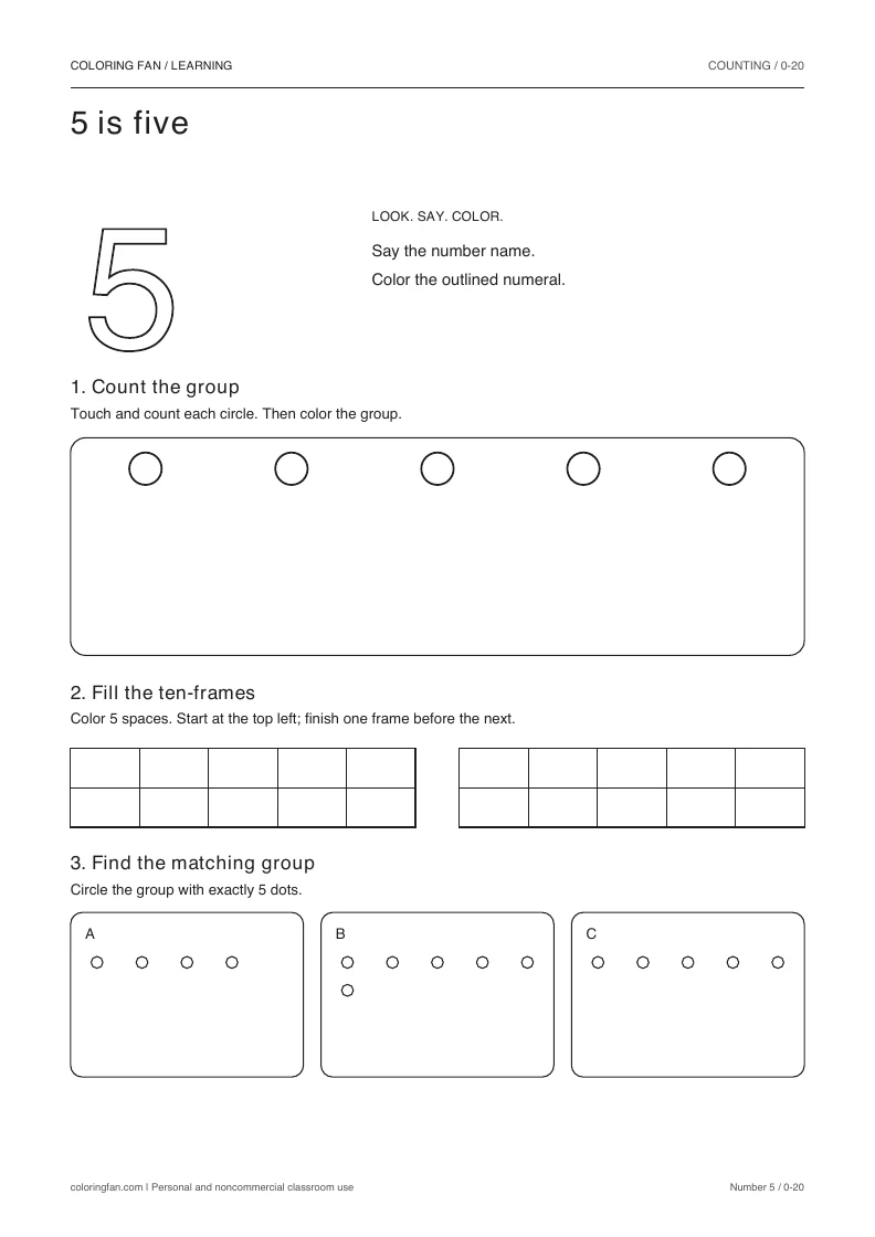 Number 5 worksheet: outlined numeral, exactly 5 countable circles, two empty ten-frames, and three groups to compare.