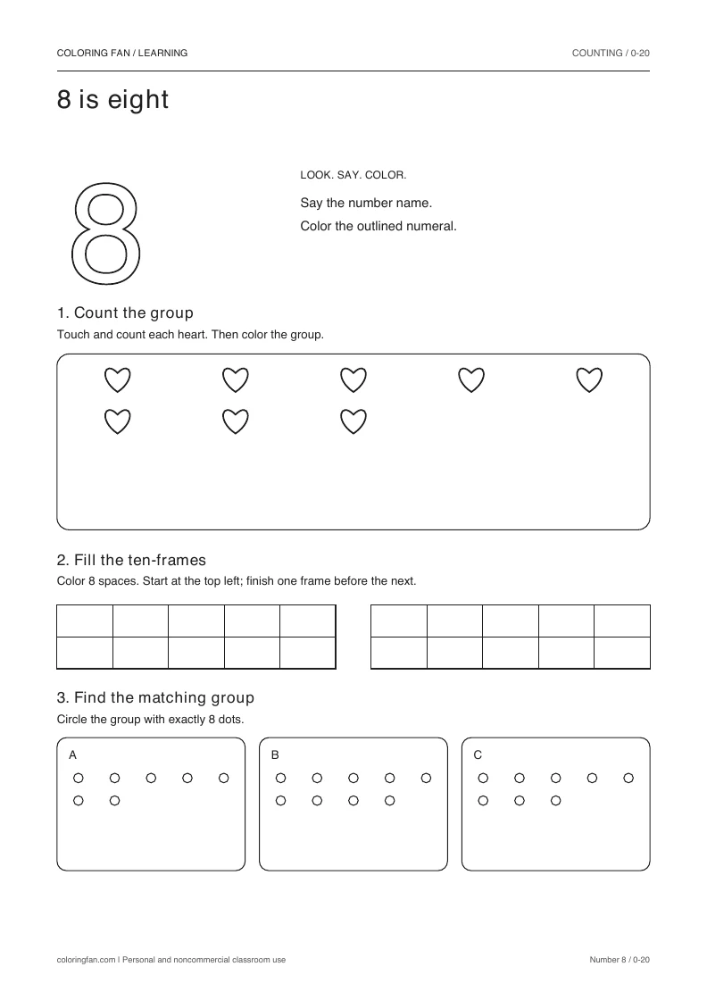Number 8 worksheet: outlined numeral, exactly 8 countable hearts, two empty ten-frames, and three groups to compare.