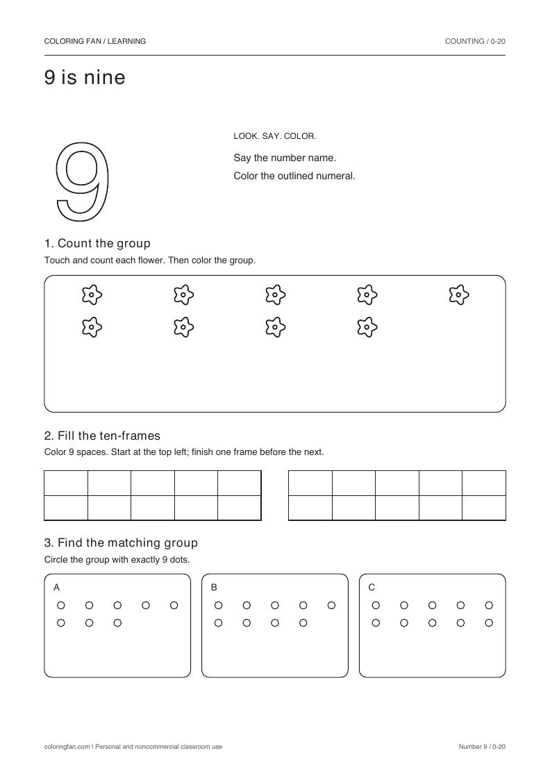 Number 9 worksheet: outlined numeral, exactly 9 countable flowers, two empty ten-frames, and three groups to compare.